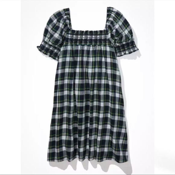 NWT American Eagle Outfitters Puff-Sleeve Plaid Smocked Babydoll Dress Tall - Picture 3 of 14